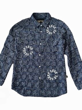 KLEEP Boys Textured Graphic PHRESH Button Down Shirt Dark Blue White Size 11-12